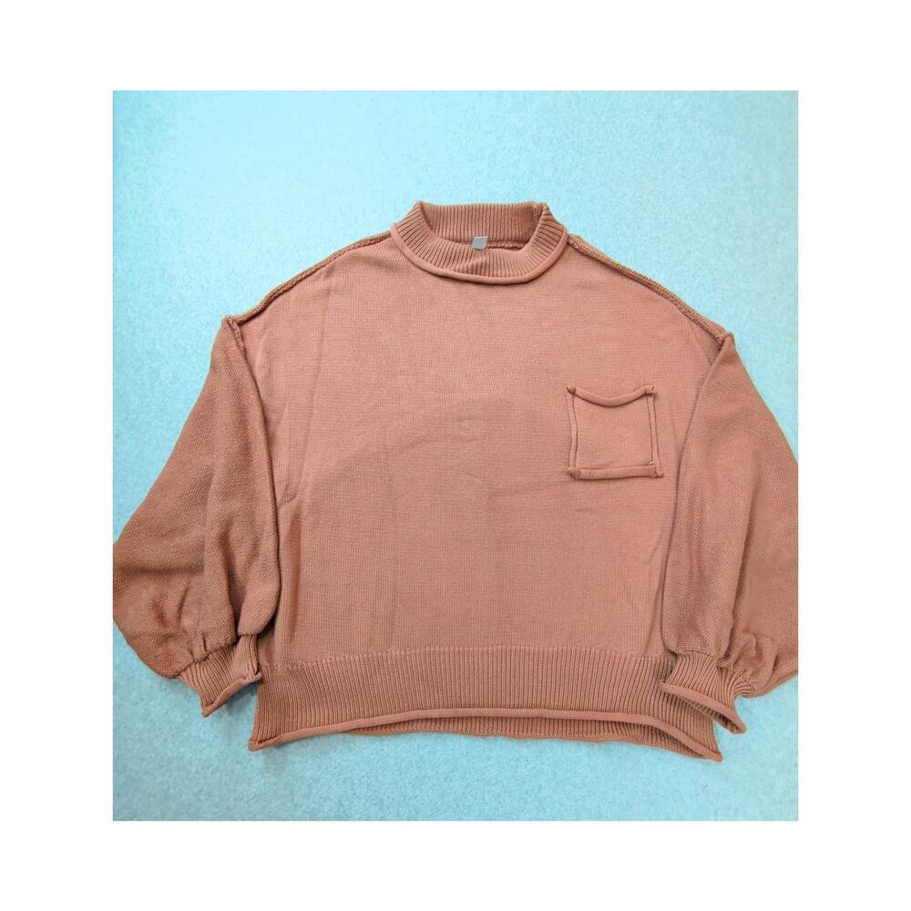 MoCo Boutique Womens Sweater LG Brown Oversized Puff Sleeve 100% Cotton Unique